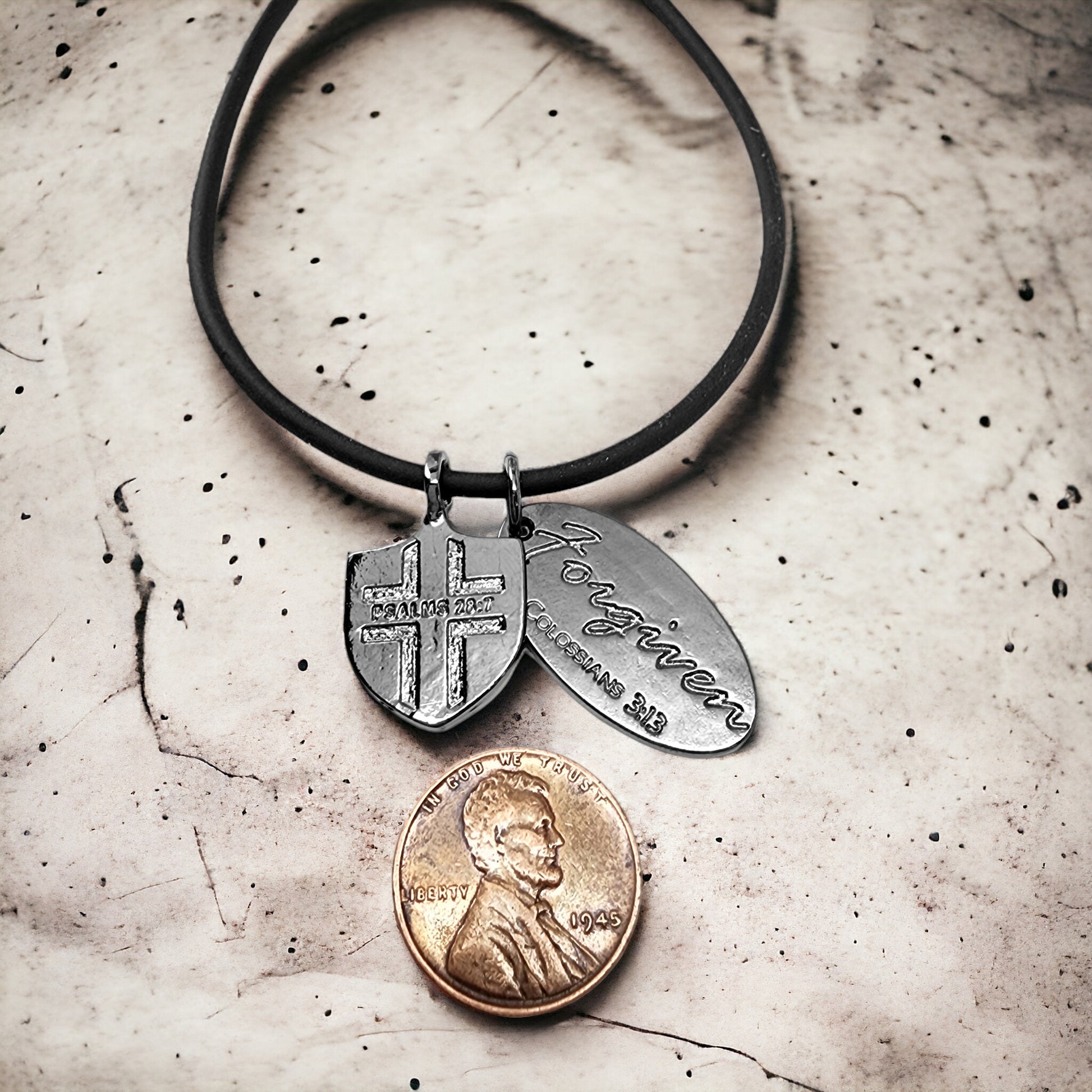 Cross Dark Metal Finish Forgiven Tag Black Cord Necklace