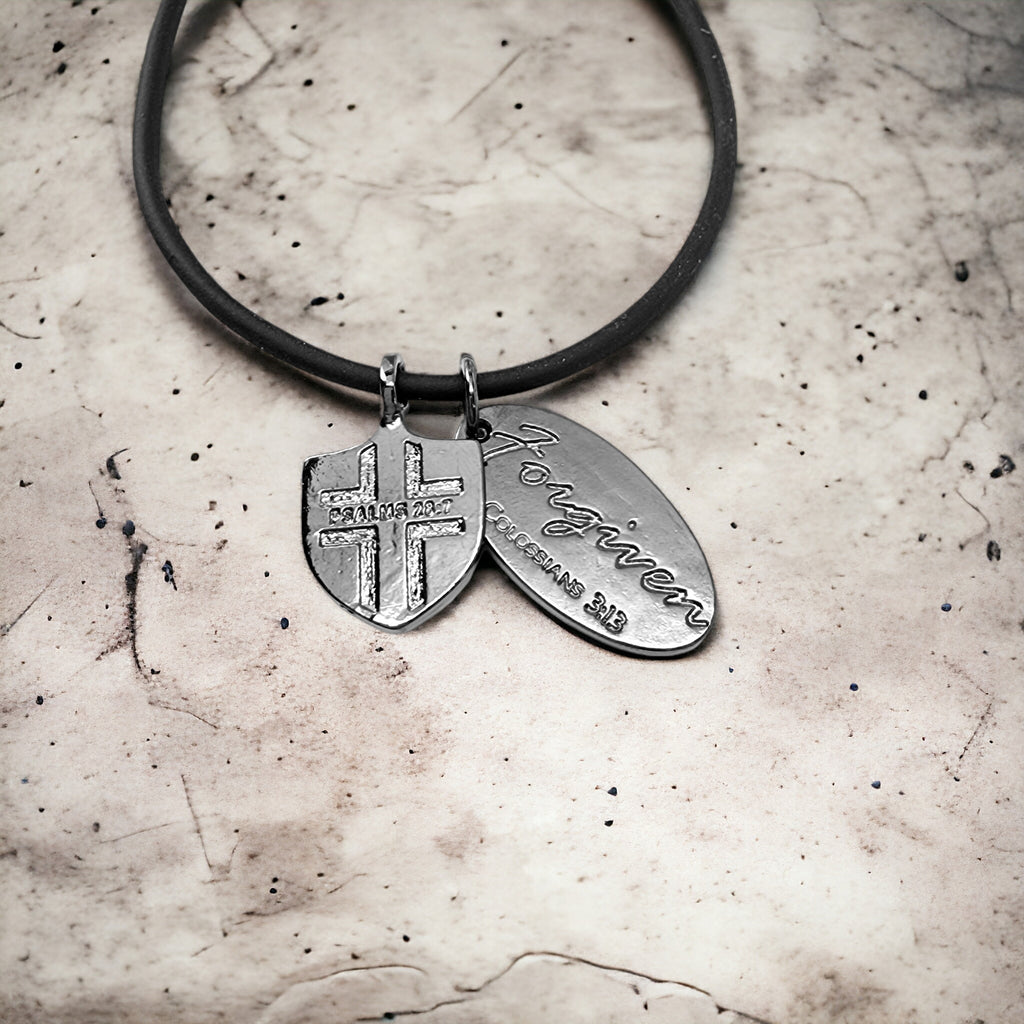 Cross Dark Metal Finish Forgiven Tag Black Cord Necklace