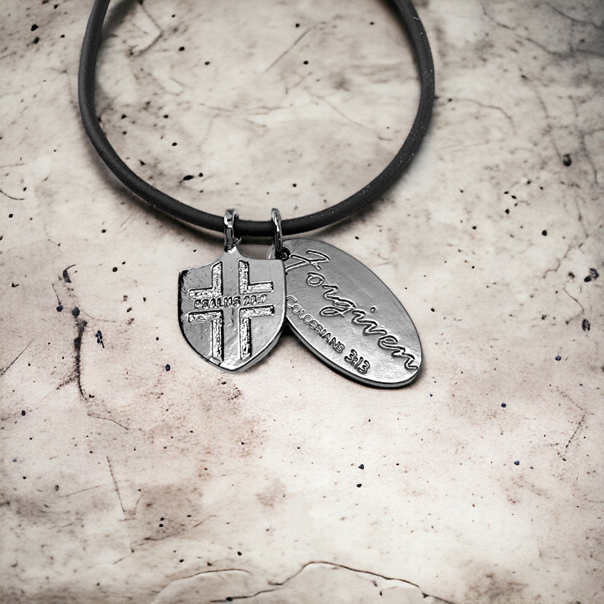Cross Dark Metal Finish Forgiven Tag Black Cord Necklace