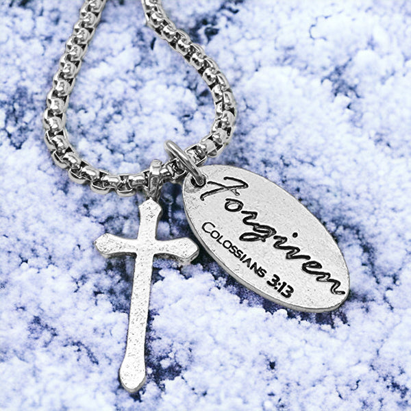Cross Antique Silver Metal Finish Forgiven Tag Heavy Box Chain Necklace