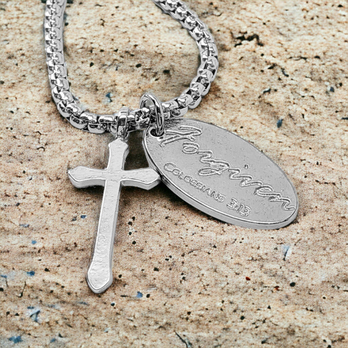 Cross Rhodium Metal Finish Forgiven Tag Heavy Box Chain Necklace