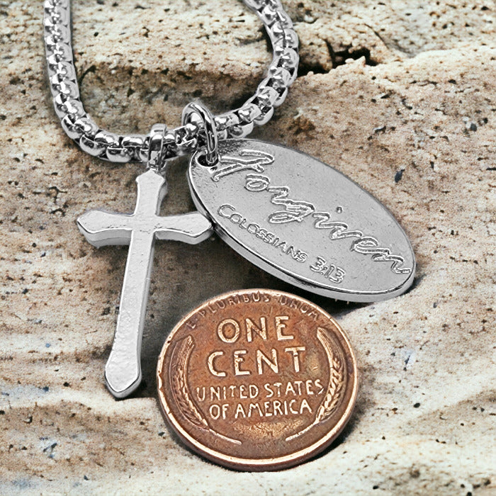 Cross Rhodium Metal Finish Forgiven Tag Heavy Box Chain Necklace
