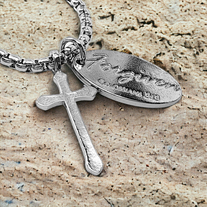 Cross Rhodium Metal Finish Forgiven Tag Heavy Box Chain Necklace