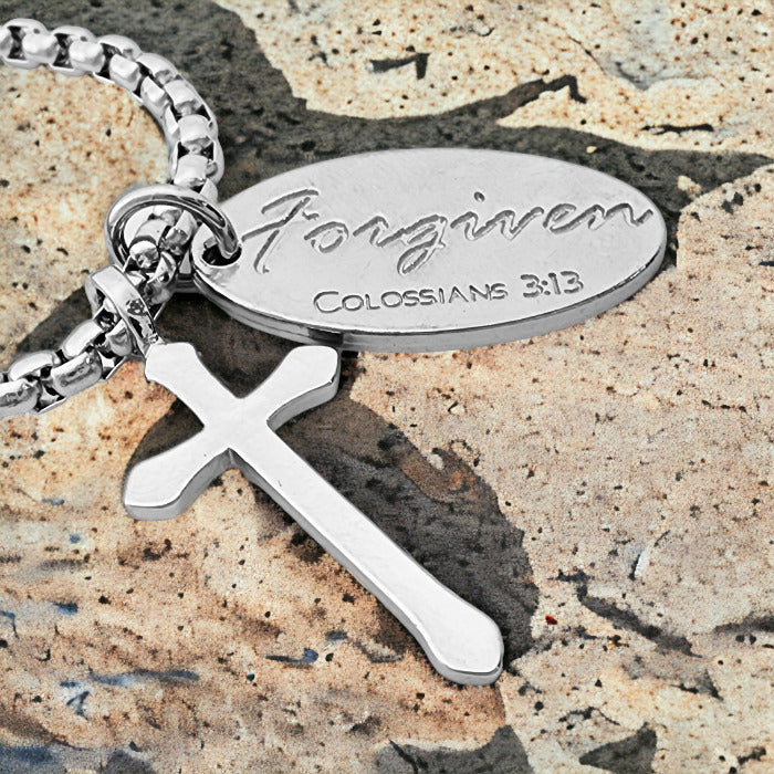 Cross Rhodium Metal Finish Forgiven Tag Heavy Box Chain Necklace
