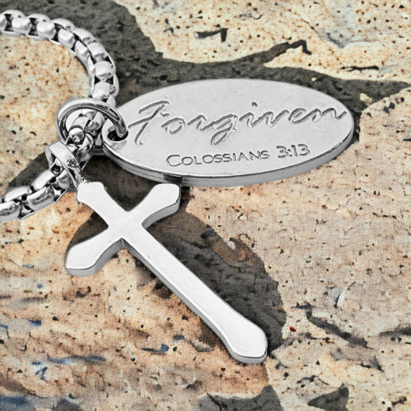 Cross Rhodium Metal Finish Forgiven Tag Heavy Box Chain Necklace