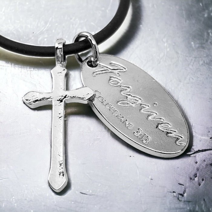 Cross Rhodium Metal Finish Forgiven Tag Black Cord Necklace
