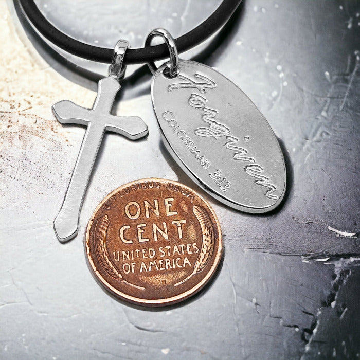 Cross Rhodium Metal Finish Forgiven Tag Black Cord Necklace