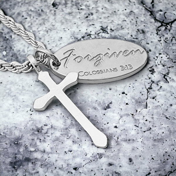 Cross Rhodium Metal Finish Forgiven Tag Twisted Rope Chain Necklace