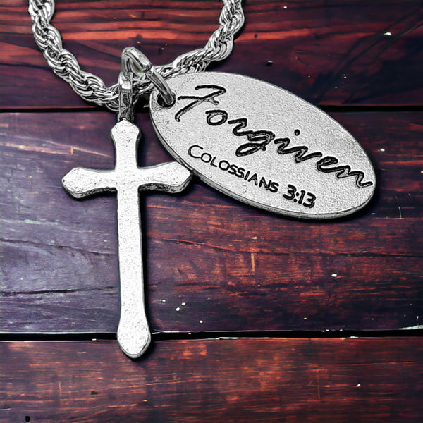 Cross Antique Silver Metal Finish Forgiven Tag Twisted Rope Chain Necklace