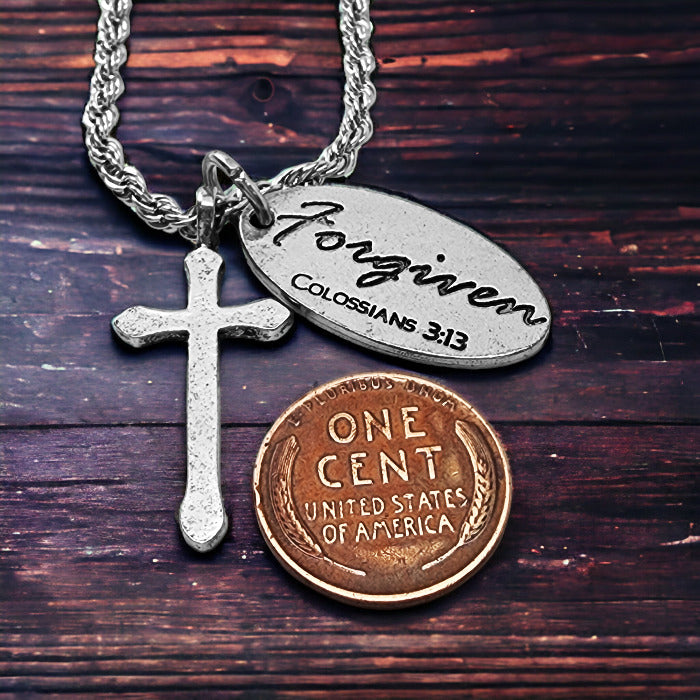 Cross Antique Silver Metal Finish Forgiven Tag Twisted Rope Chain Necklace