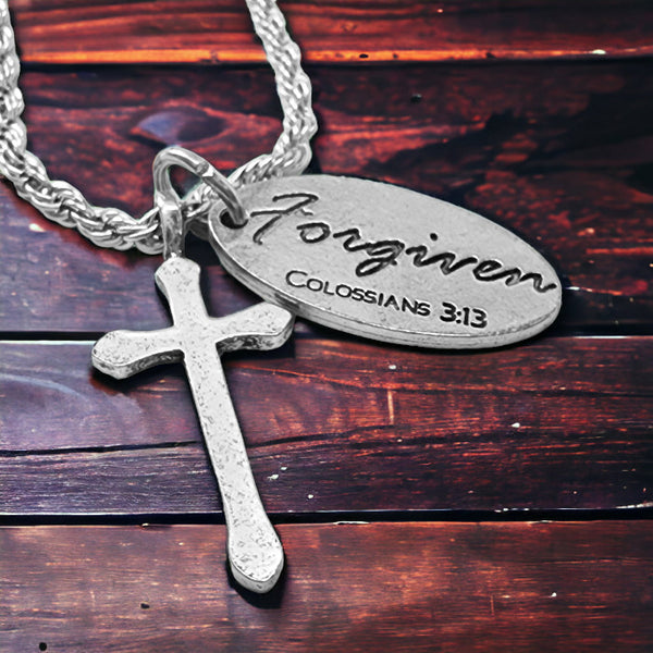 Cross Antique Silver Metal Finish Forgiven Tag Twisted Rope Chain Necklace