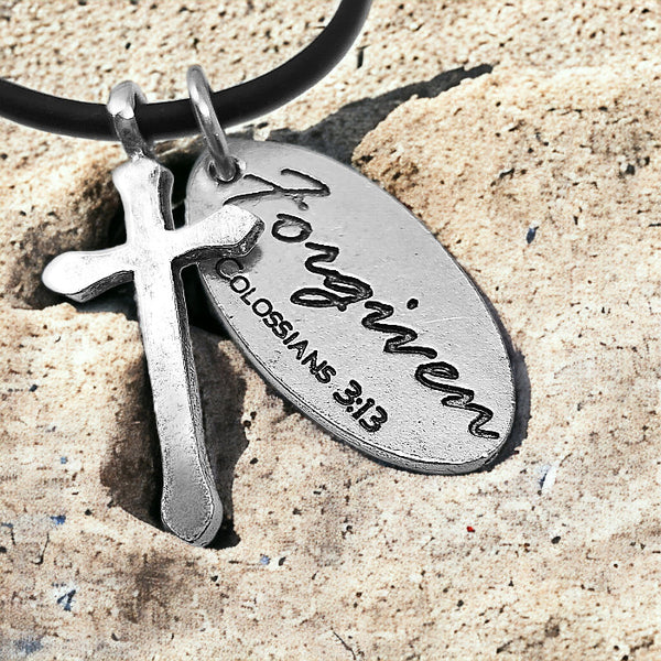 Cross Antique Silver Metal Finish Forgiven Tag Black Cord Necklace