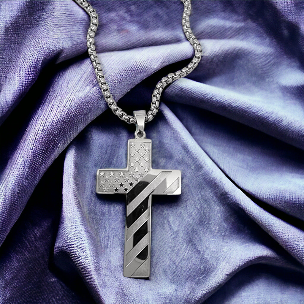 USA Flag Large Cross Stainless Heavy Box Chain Necklace
