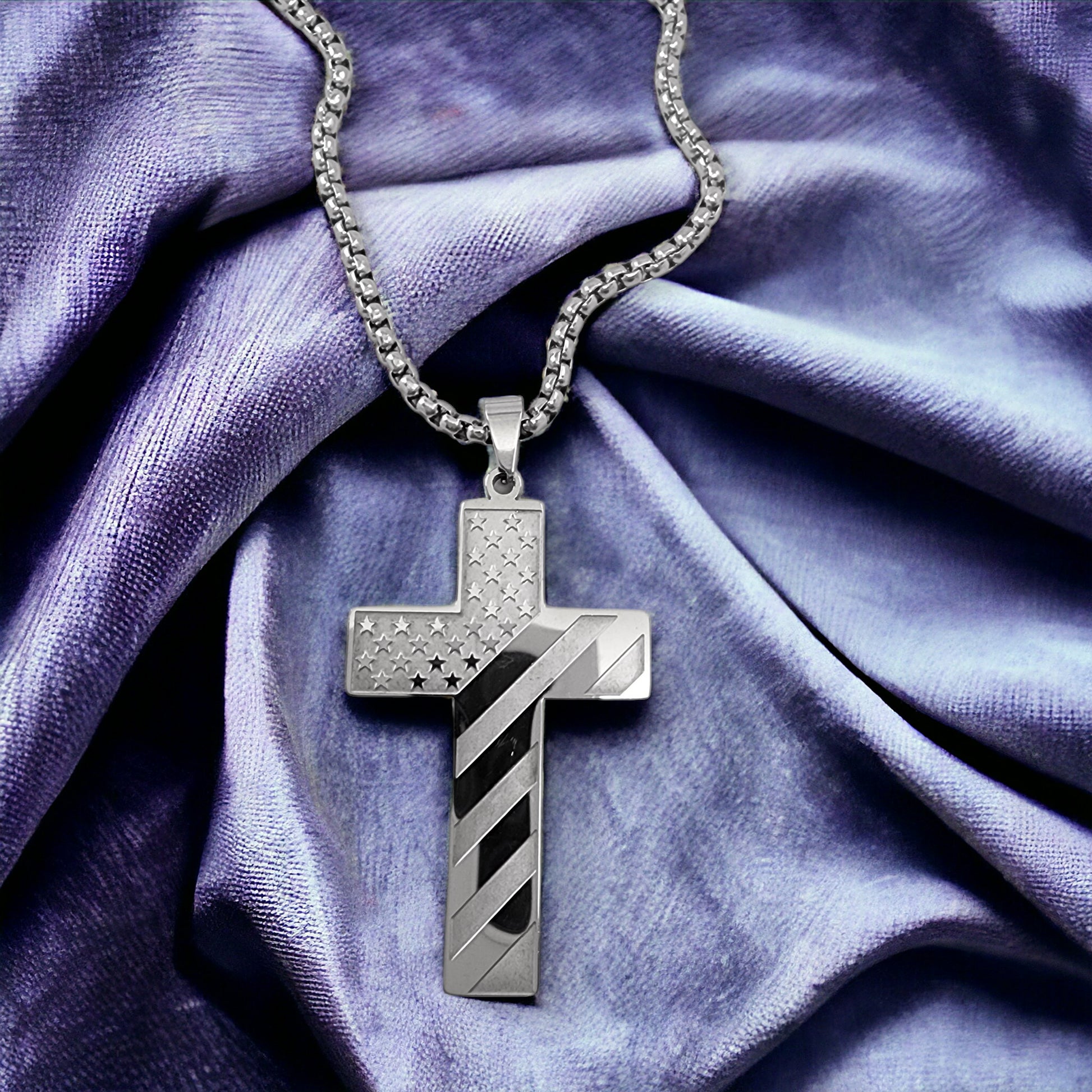 USA Flag Large Cross Stainless Heavy Box Chain Necklace