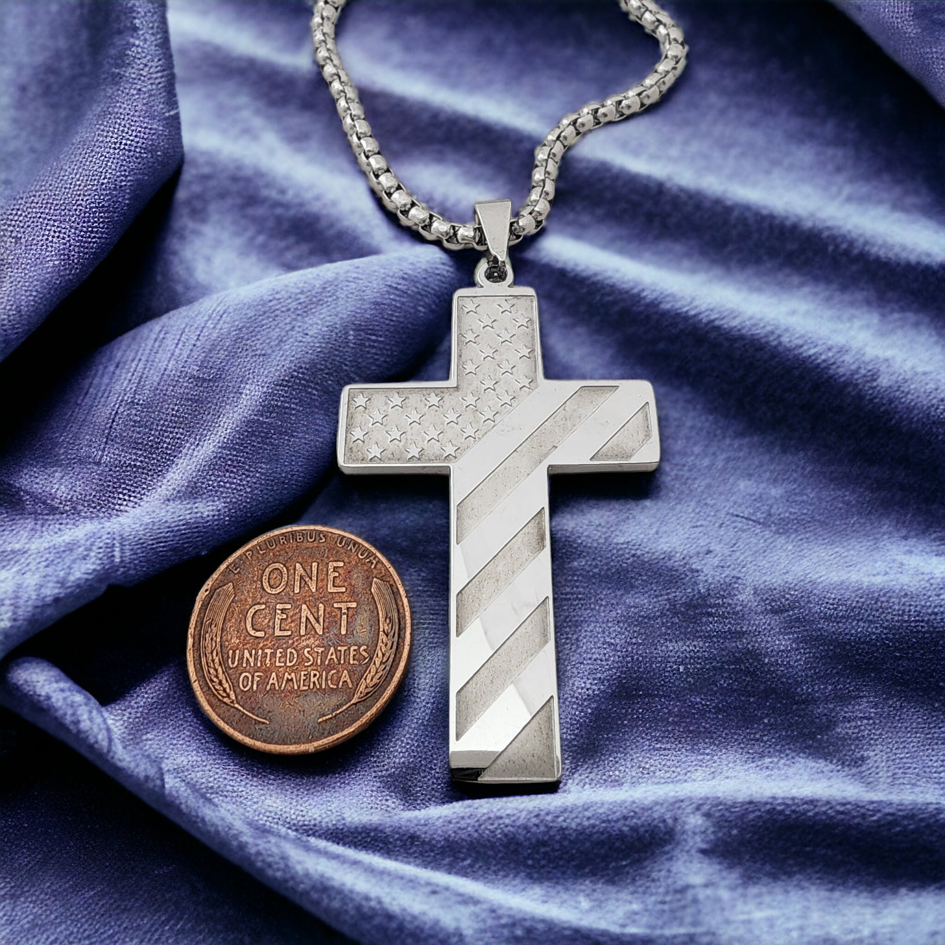 USA Flag Large Cross Stainless Heavy Box Chain Necklace