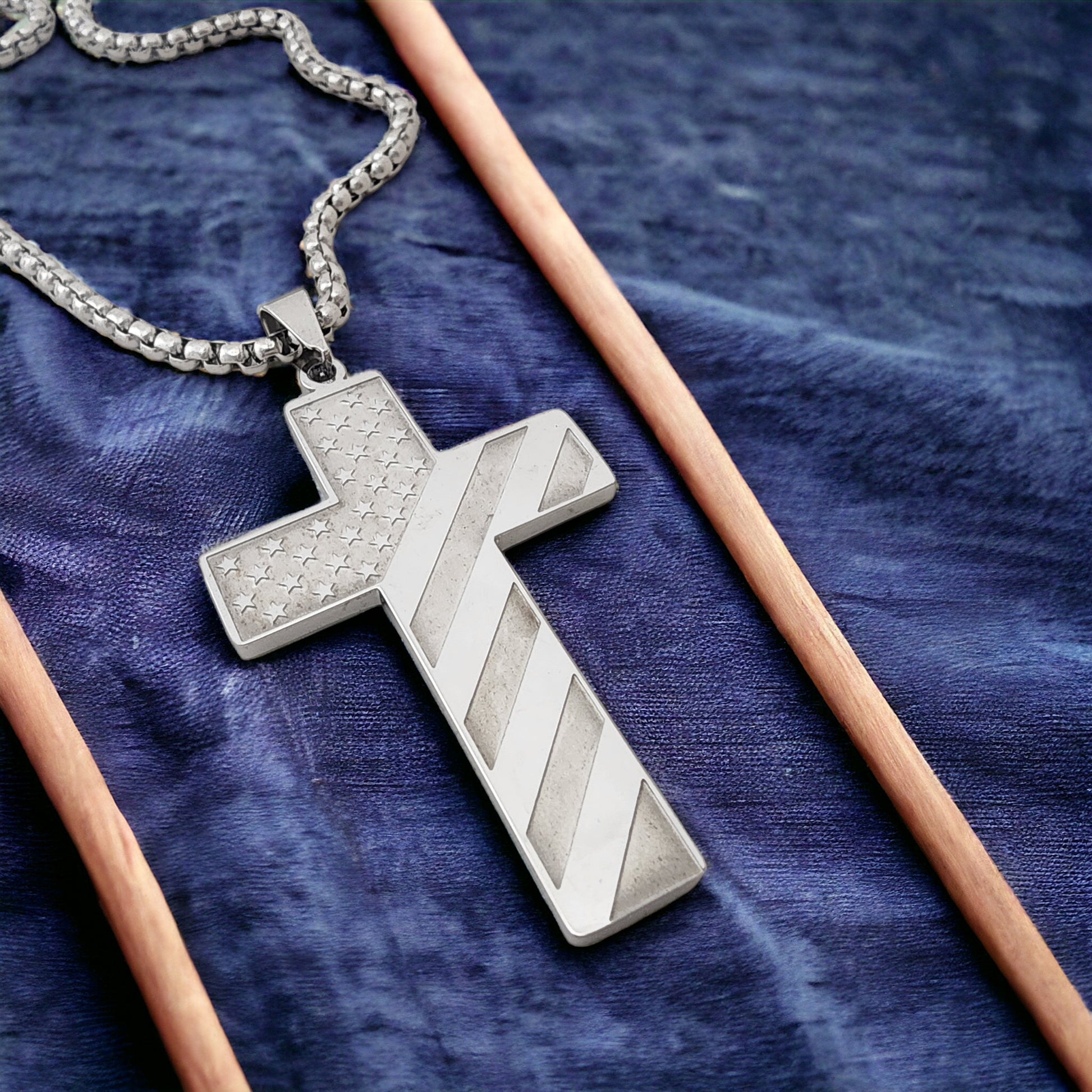 USA Flag Large Cross Stainless Heavy Box Chain Necklace