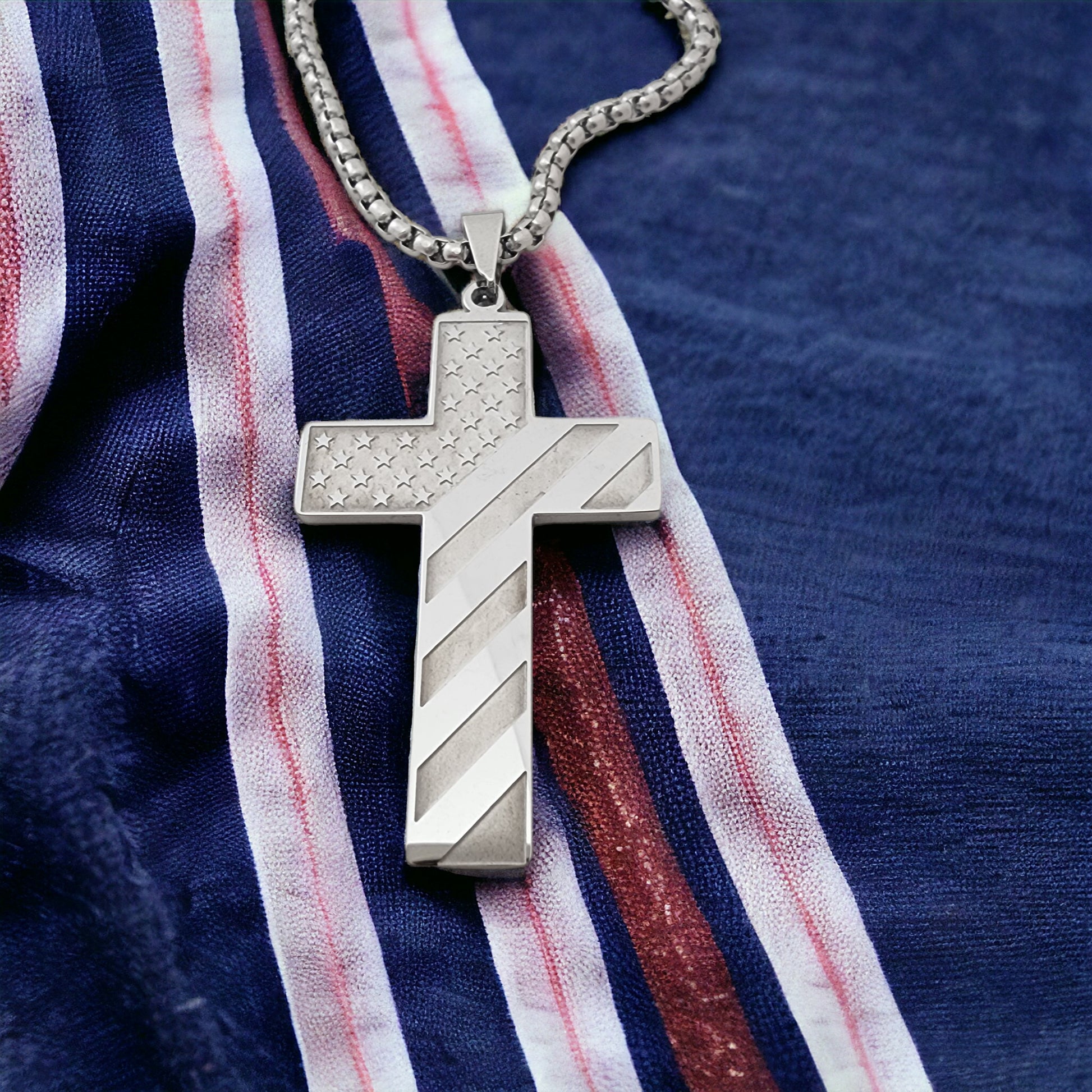 USA Flag Large Cross Stainless Heavy Box Chain Necklace