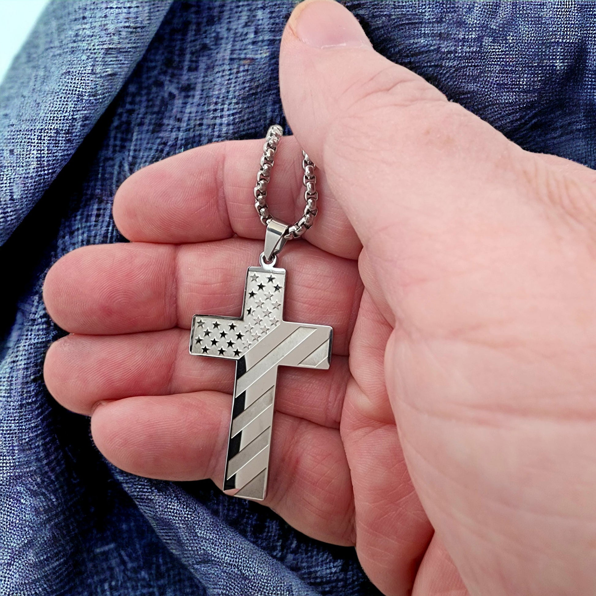 USA Flag Large Cross Stainless Heavy Box Chain Necklace