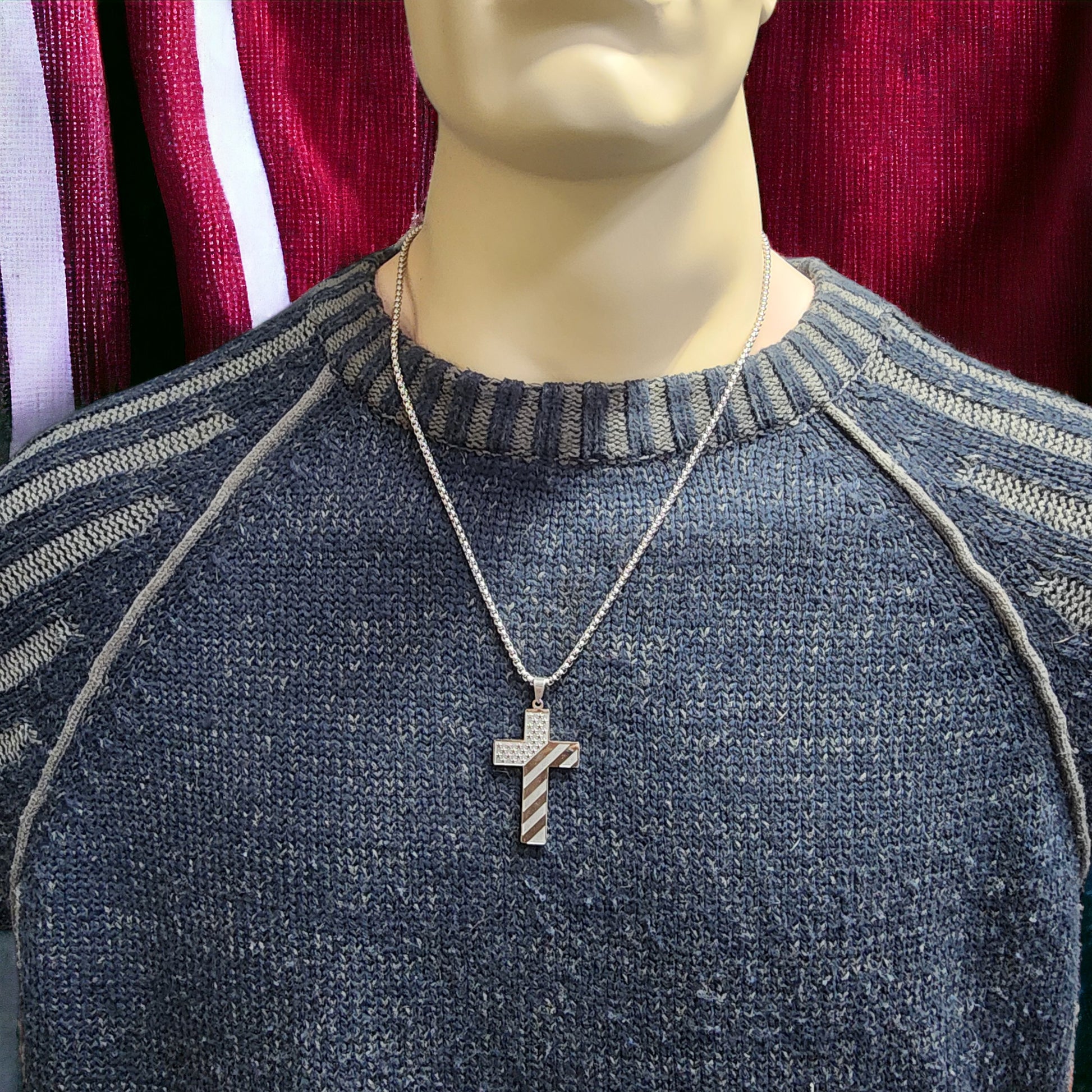 USA Flag Large Cross Stainless Heavy Box Chain Necklace