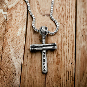Baseball Bat And Ball Cross Small Necklace Antique Silver