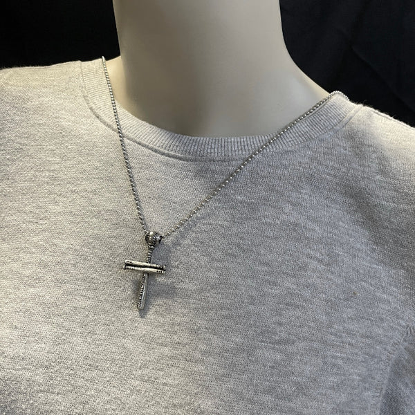 Baseball Bat And Ball Cross Small Necklace Antique Silver