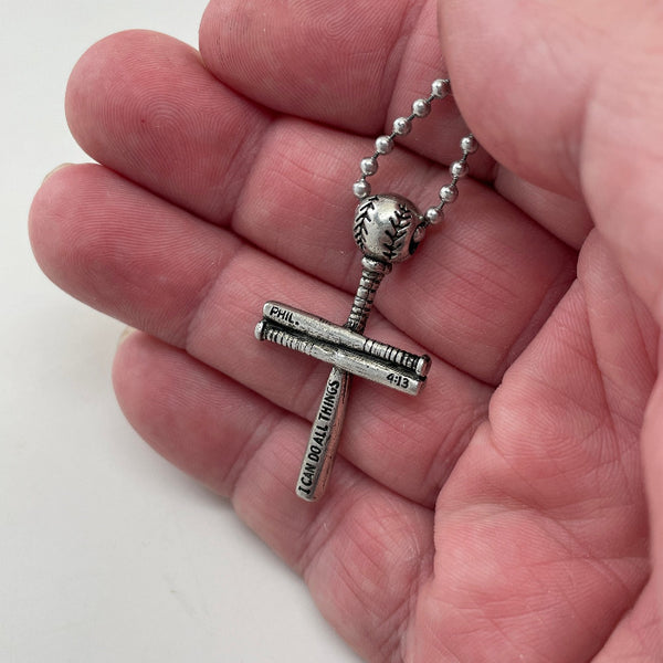 Baseball Bat And Ball Cross Small Necklace Antique Silver