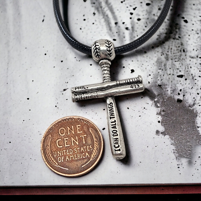 Baseball Bat And Ball Cross Small Necklace Antique Silver
