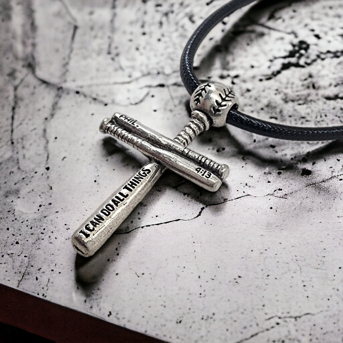 Baseball Bat And Ball Cross Small Necklace Antique Silver