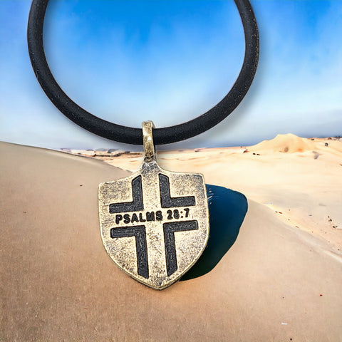 Psalms 28:7 Shield Antique Brass Pendant Black Cord Necklace