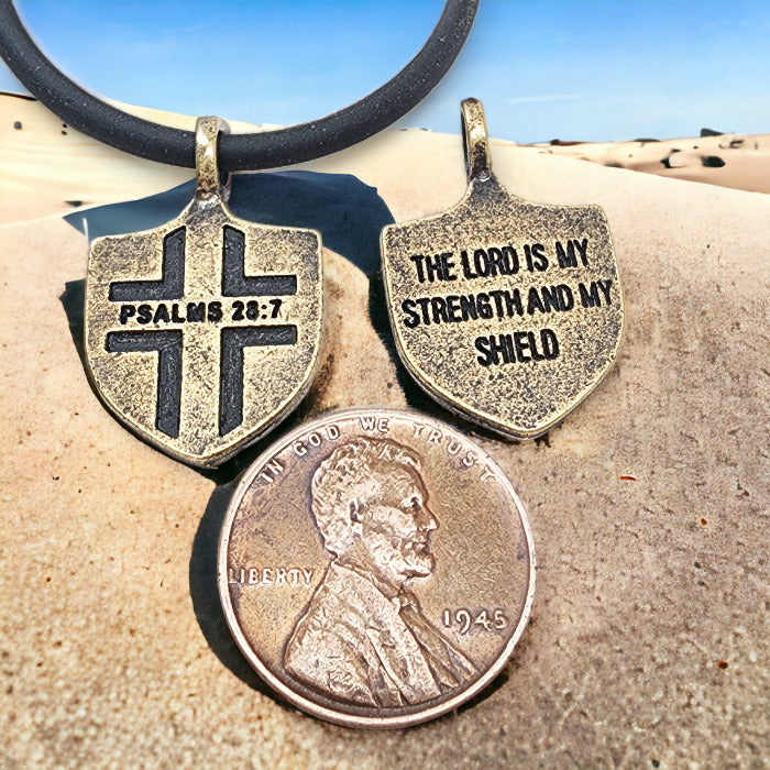 Psalms 28:7 Shield Antique Brass Pendant Black Cord Necklace