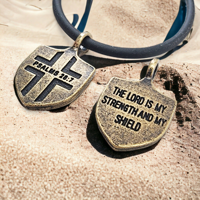 Psalms 28:7 Shield Antique Brass Pendant Black Cord Necklace