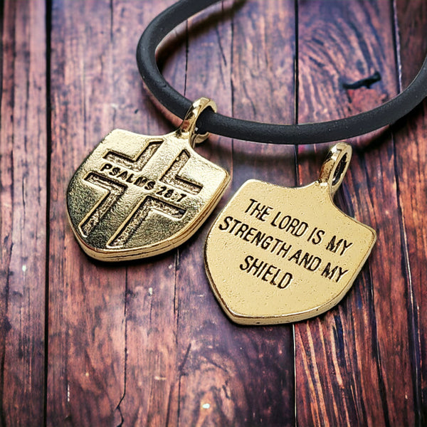 Psalms 28:7 Shield Gold Metal Pendant Black Cord Necklace