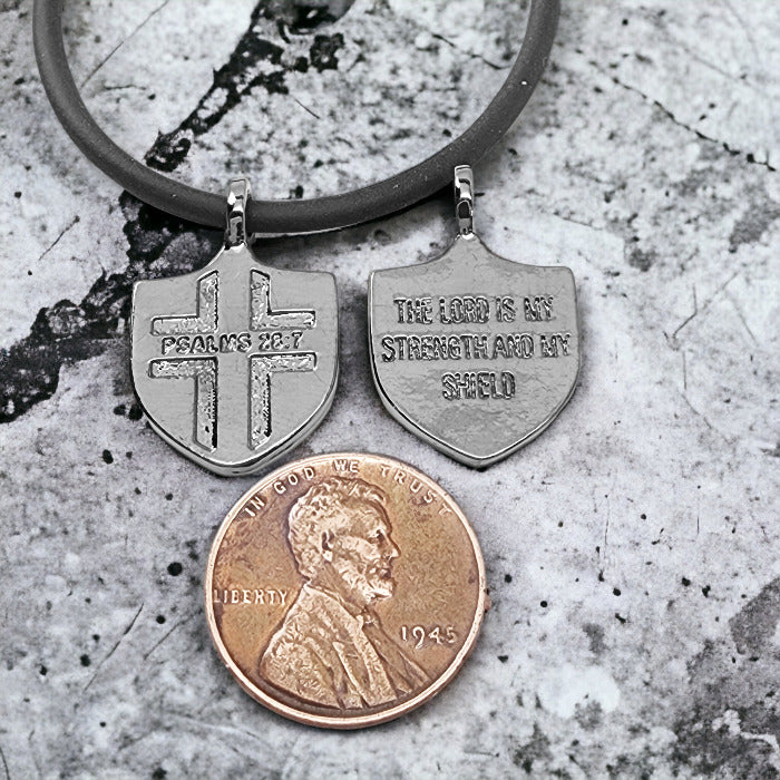 Psalms 28:7 Shield Dark Metal Pendant Black Cord Necklace