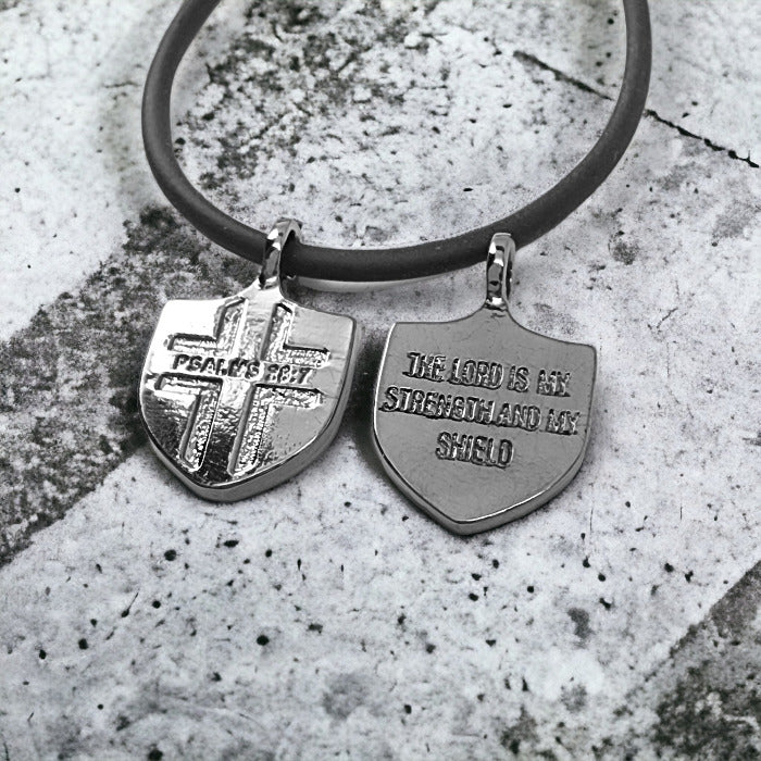 Psalms 28:7 Shield Dark Metal Pendant Black Cord Necklace