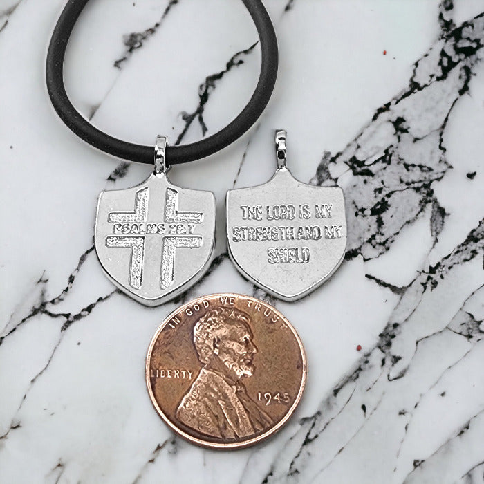 Psalms 28:7 Shield Rhodium Metal Pendant Black Cord Necklace