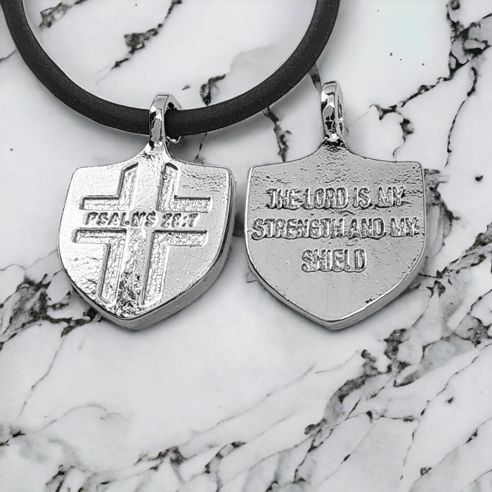 Psalms 28:7 Shield Rhodium Metal Pendant Black Cord Necklace