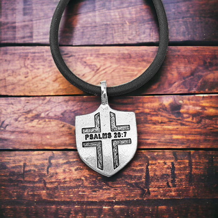 Psalms 28:7 Shield Antique Silver Pendant Black Cord Necklace