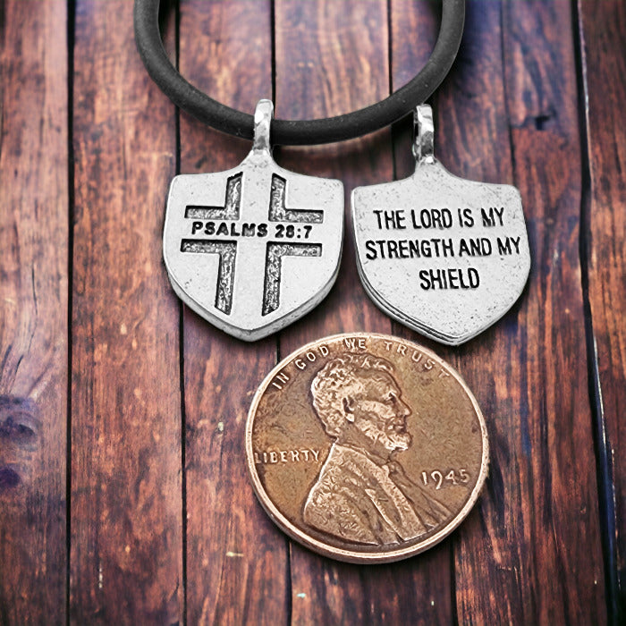Psalms 28:7 Shield Antique Silver Pendant Black Cord Necklace