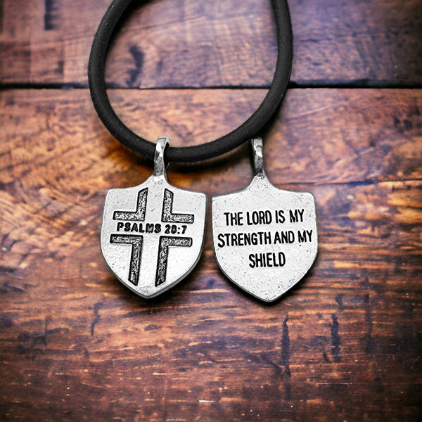 Psalms 28:7 Shield Antique Silver Pendant Black Cord Necklace