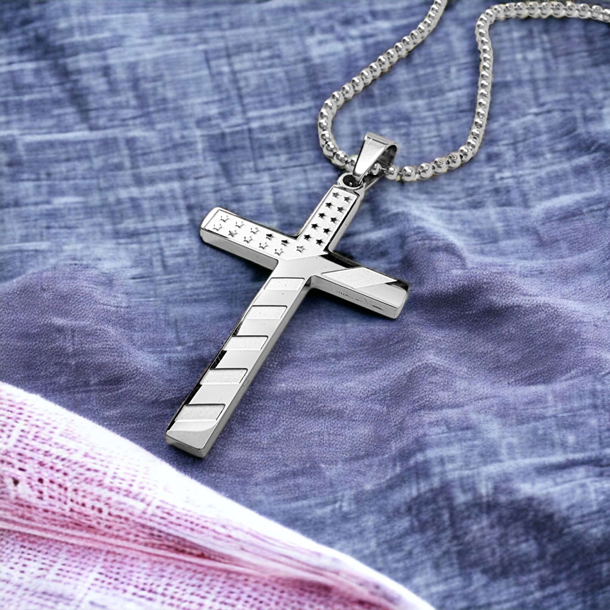 USA Flag Cross Stainless Steel Ball Chain Necklace