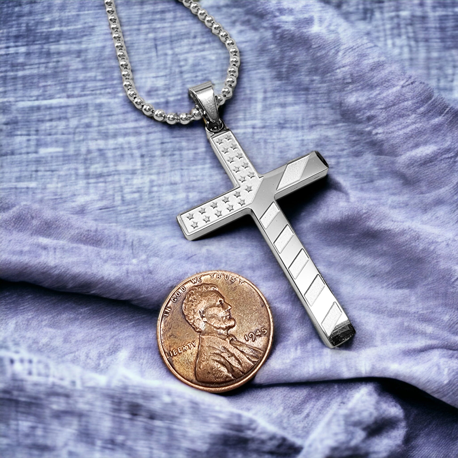 USA Flag Cross Stainless Steel Ball Chain Necklace