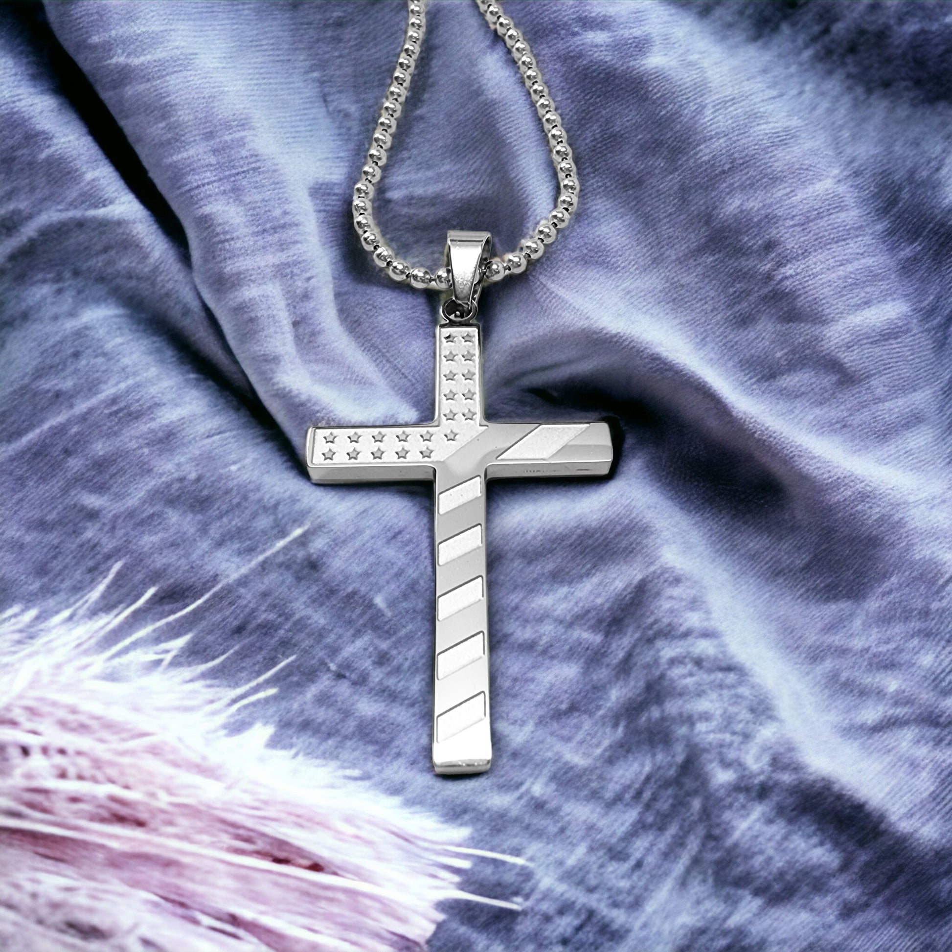 USA Flag Cross Stainless Steel Ball Chain Necklace
