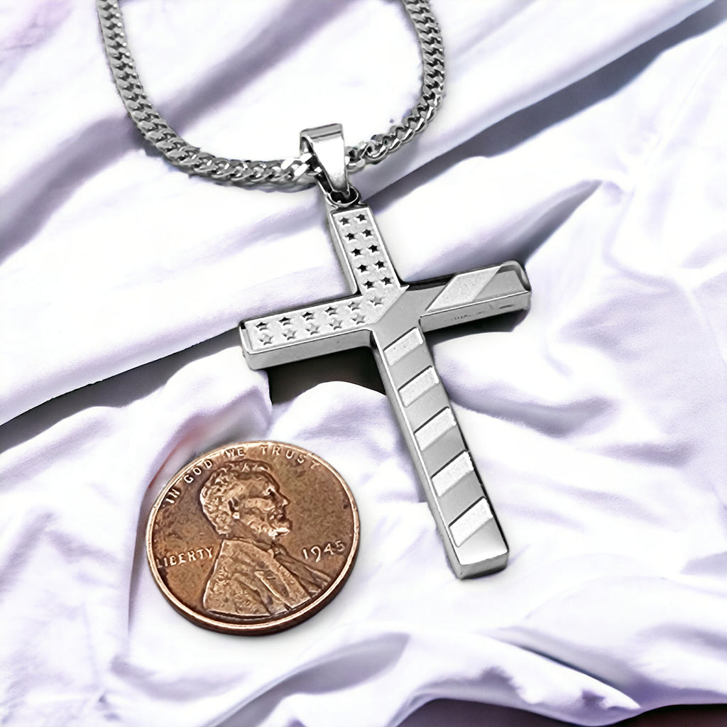 USA Flag Cross Stainless Steel Curb Chain Necklace