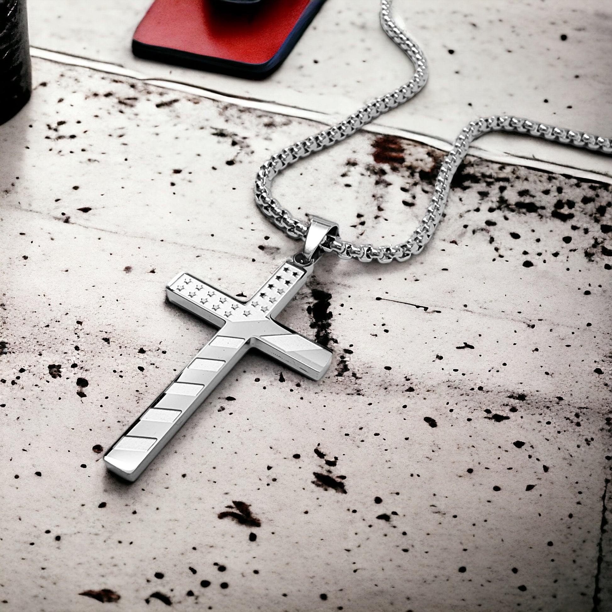USA Flag Cross Stainless Steel Heavy Box Chain Necklace