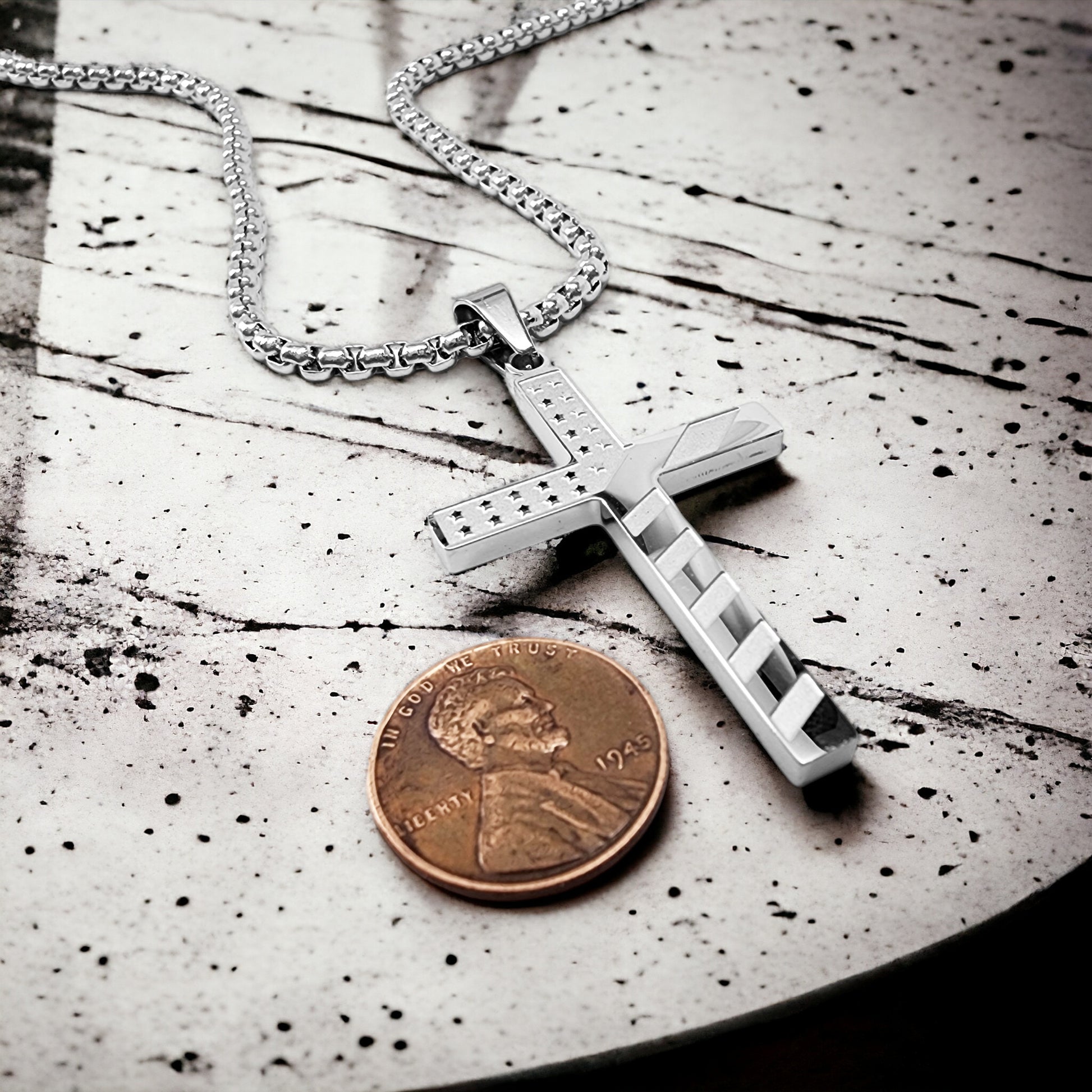USA Flag Cross Stainless Steel Heavy Box Chain Necklace