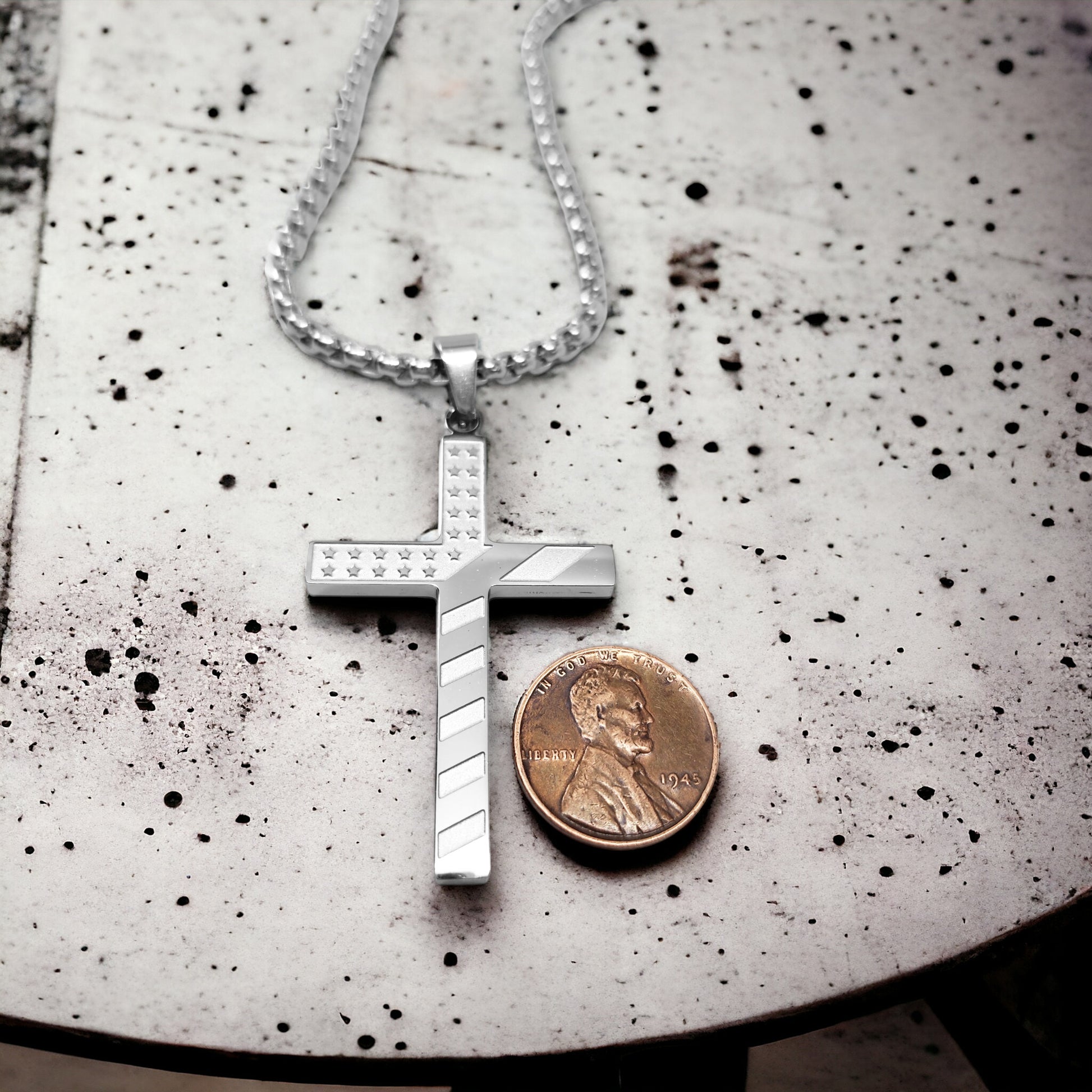 USA Flag Cross Stainless Steel Heavy Box Chain Necklace