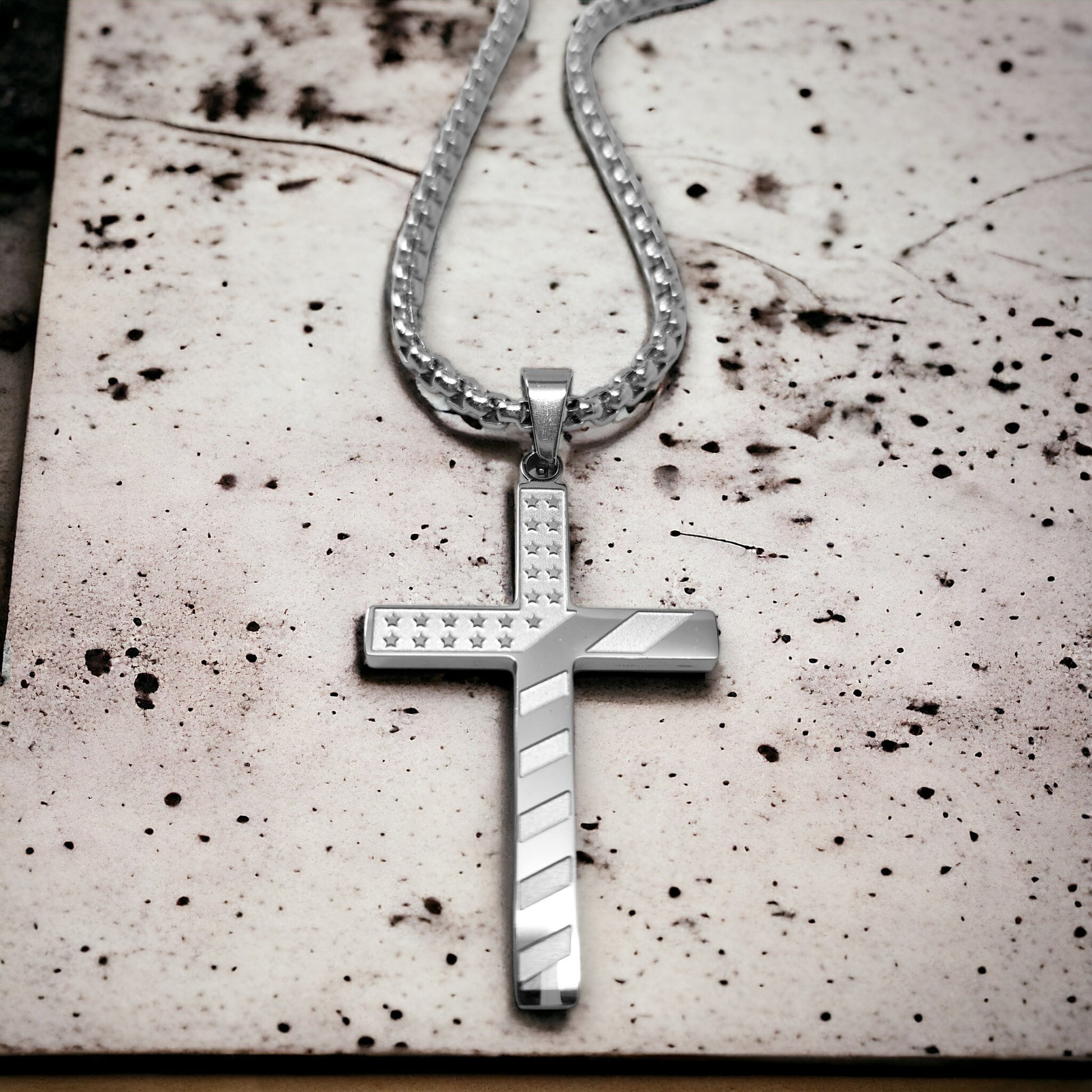 USA Flag Cross Stainless Steel Heavy Box Chain Necklace