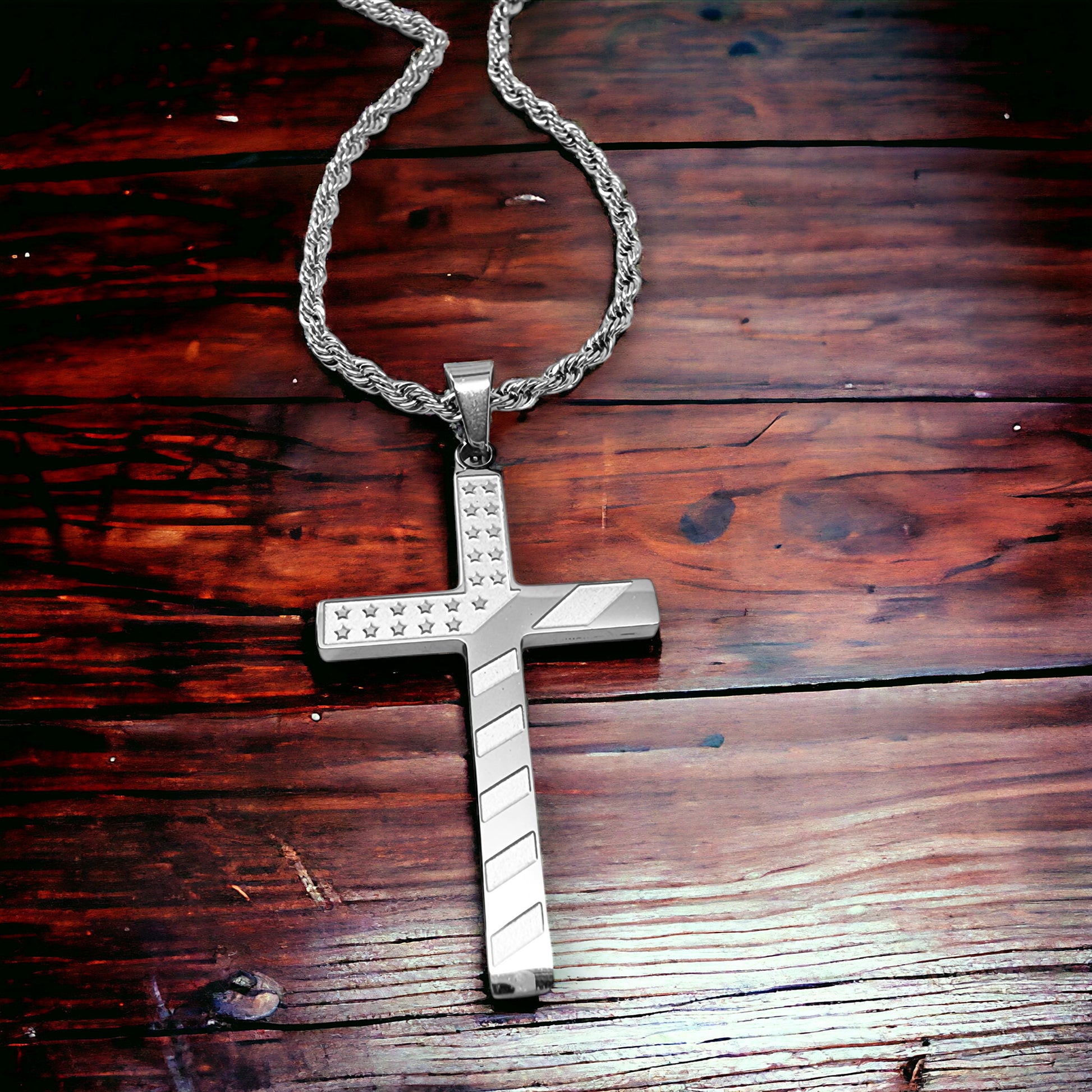 USA Flag Cross Stainless Steel Rope Chain Necklace