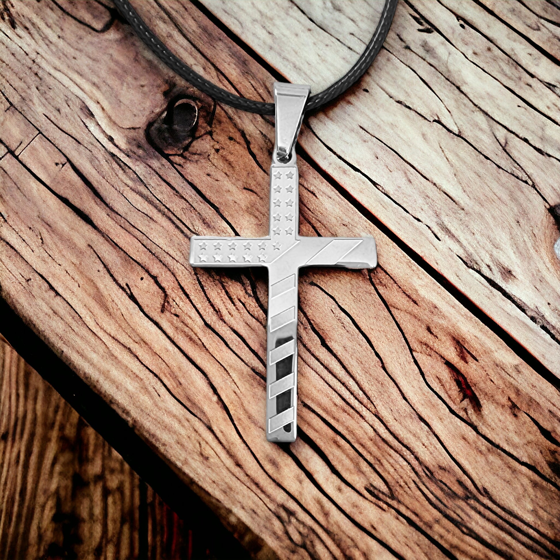 USA Flag Cross Stainless Steel Black Cord Necklace