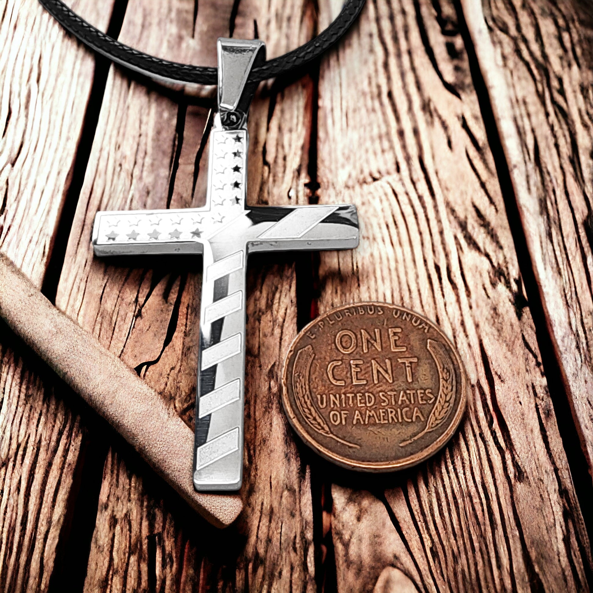 USA Flag Cross Stainless Steel Black Cord Necklace